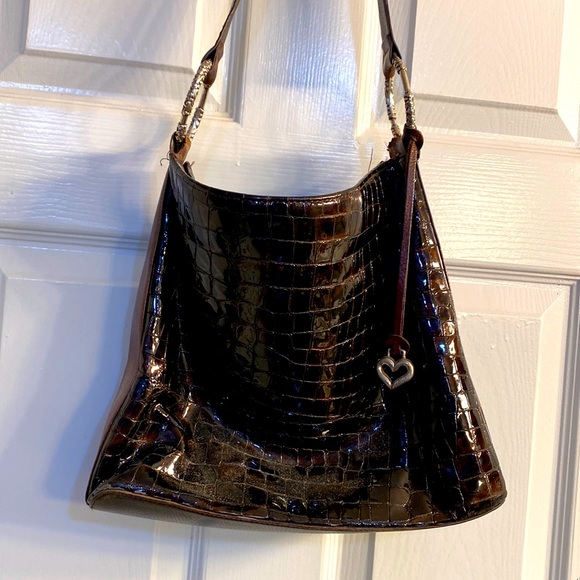 Brighton Shiny Croc-Embossed Shiny leather Brown Shoulder Bag - Picture 1 of 8